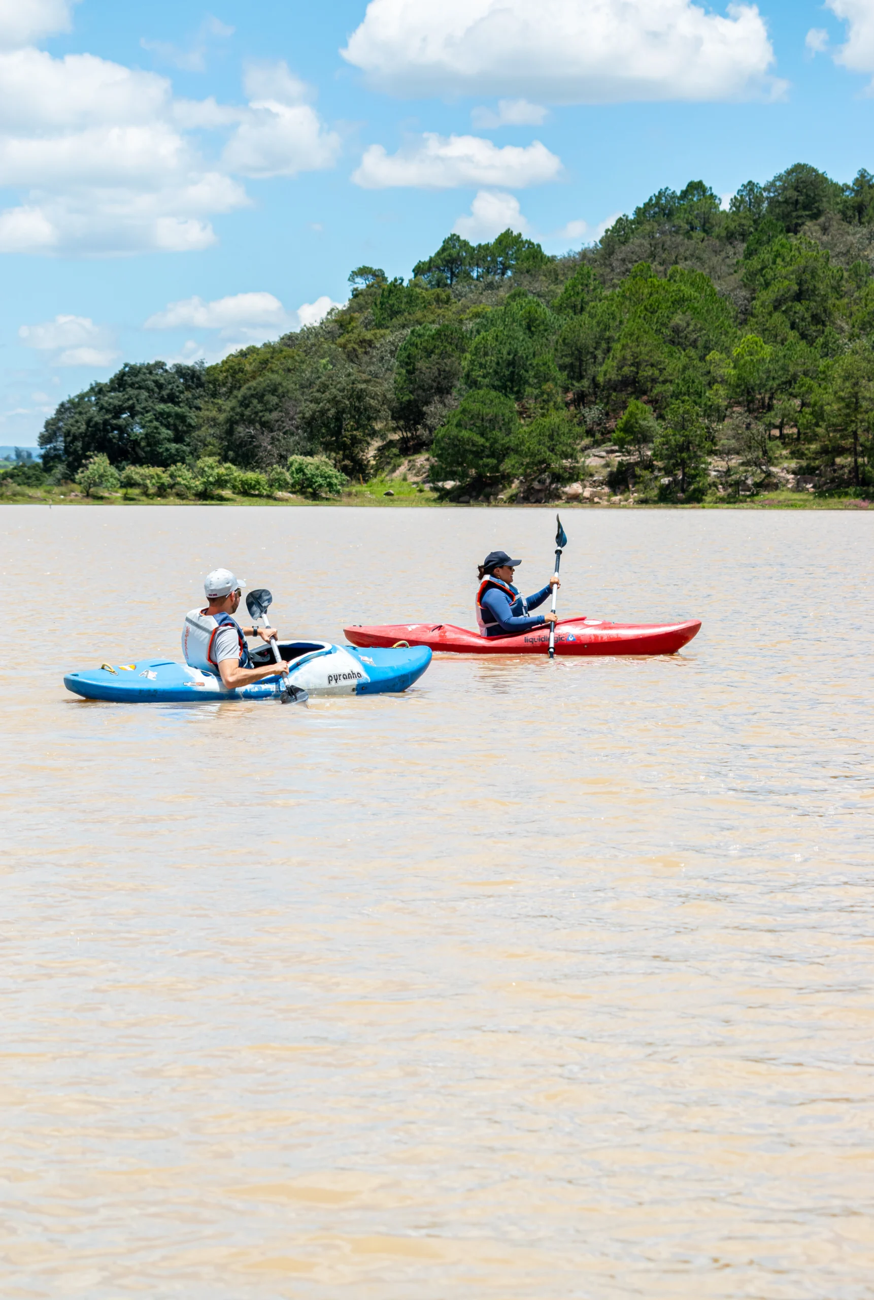 Kayak en un río tranquilo rodeado de árboles